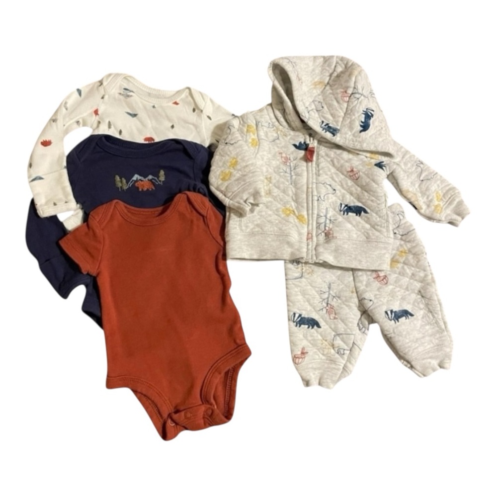 Carters Newborn Baby Bear Woodland Quilted Jogsuit with longsleeve onesies EUC